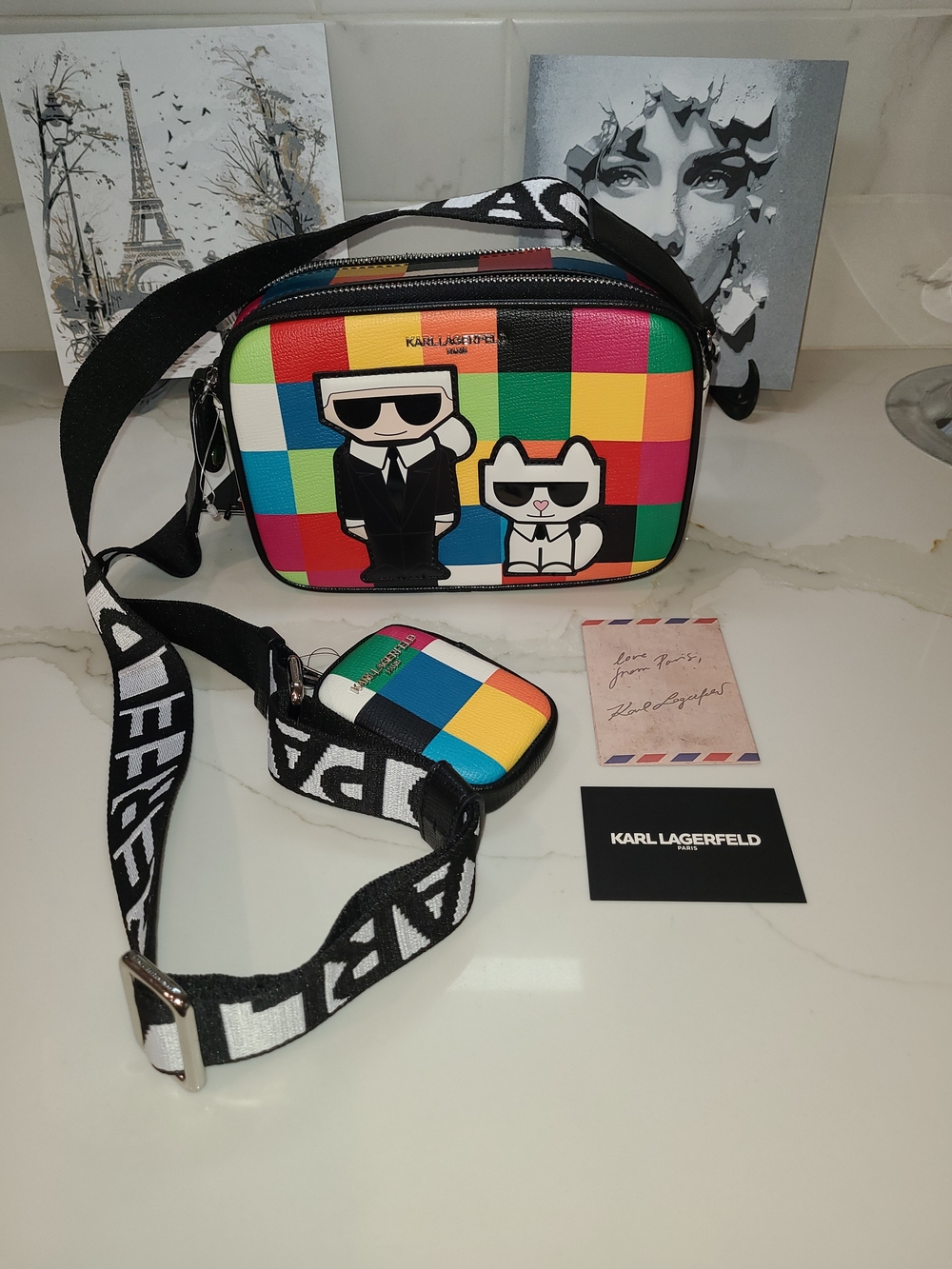 NWT Karl Lagerfeld Maybelle Colorblock Camera Karl & Choupette the Cat w Pouch